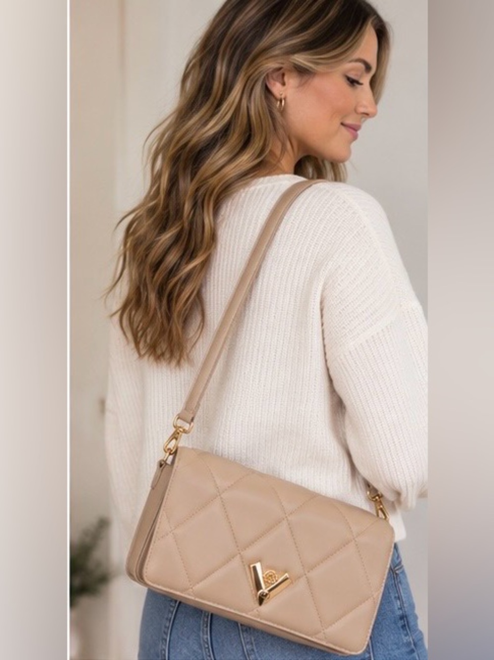 Valentino Orlandi Nude Quilted Vegan Leather Shoulder Bag NWT